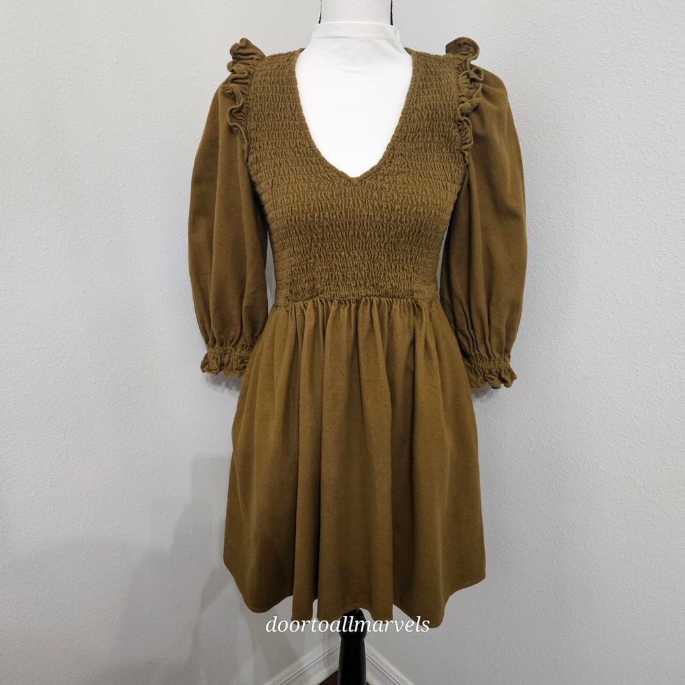 Madewell Lucie Cotton Dress Smocked Puff Sleeve Pocket sz S Boho Cottage Granola